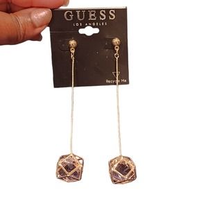 GUESS 4.25" Gold Tone Geometric Dangle Earrings with Faux Pink Diamonds